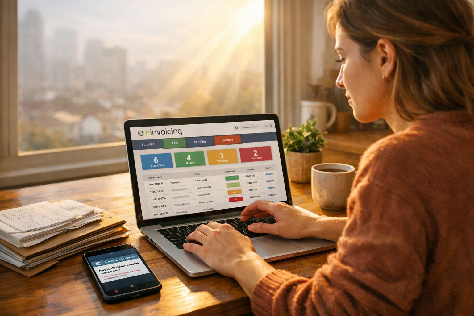 Mulher a trabalhar num portátil com software de faturação eletrónica numa mesa de madeira junto a uma janela.