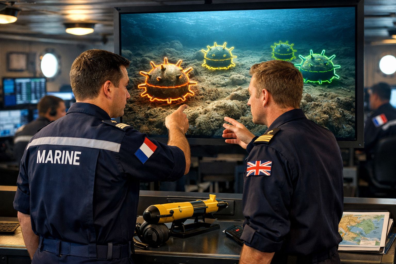 Dois oficiais navais, um francês e outro britânico, analisam imagens digitais de minas submarinas no ecrã.
