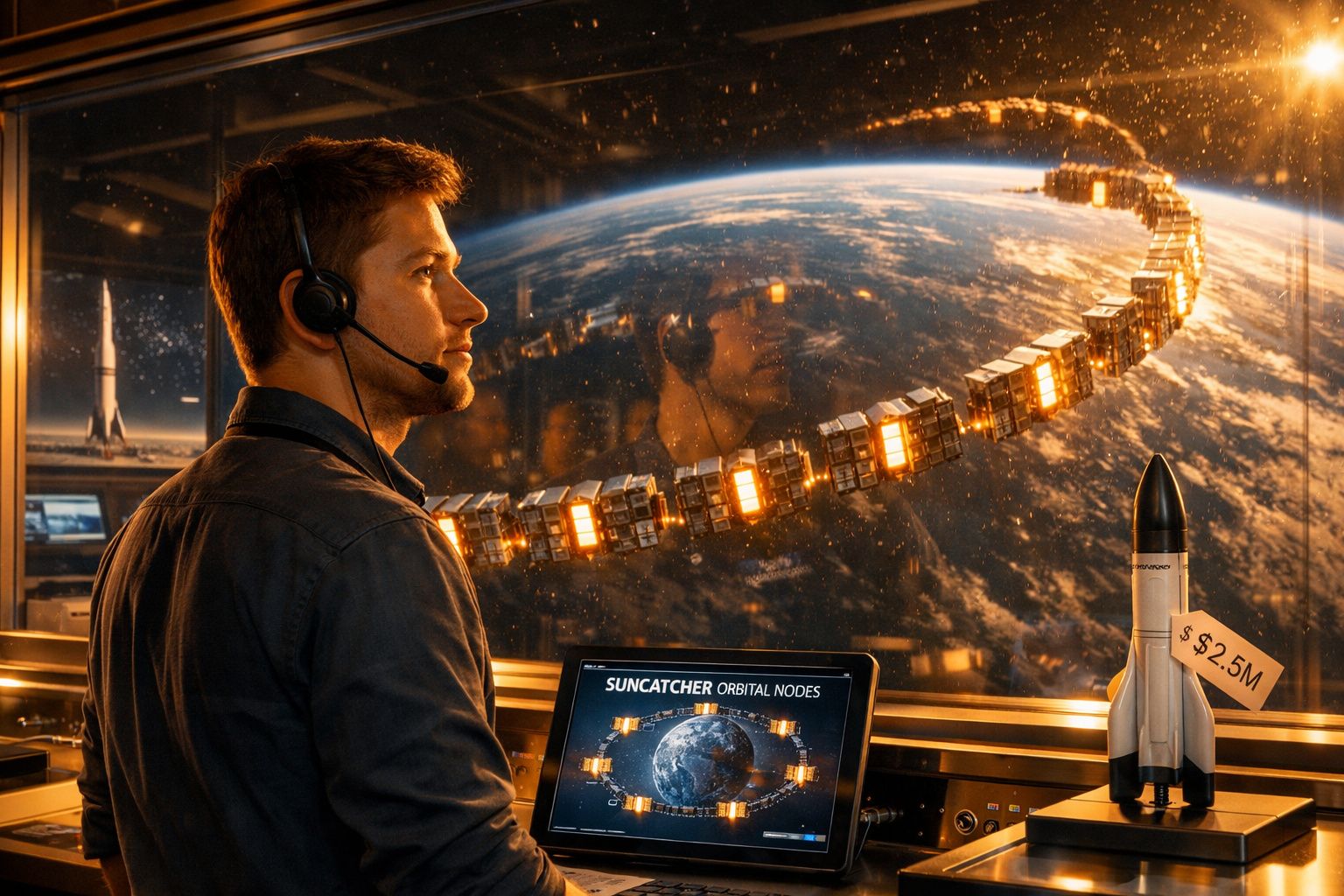 Homem com headset observa anel de satélites em órbita da Terra numa estação espacial futurista.