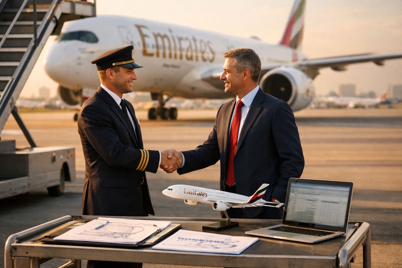 Piloto e executivo da Emirates a apertar as mãos junto a avião e modelo em miniatura da companhia no aeroporto.