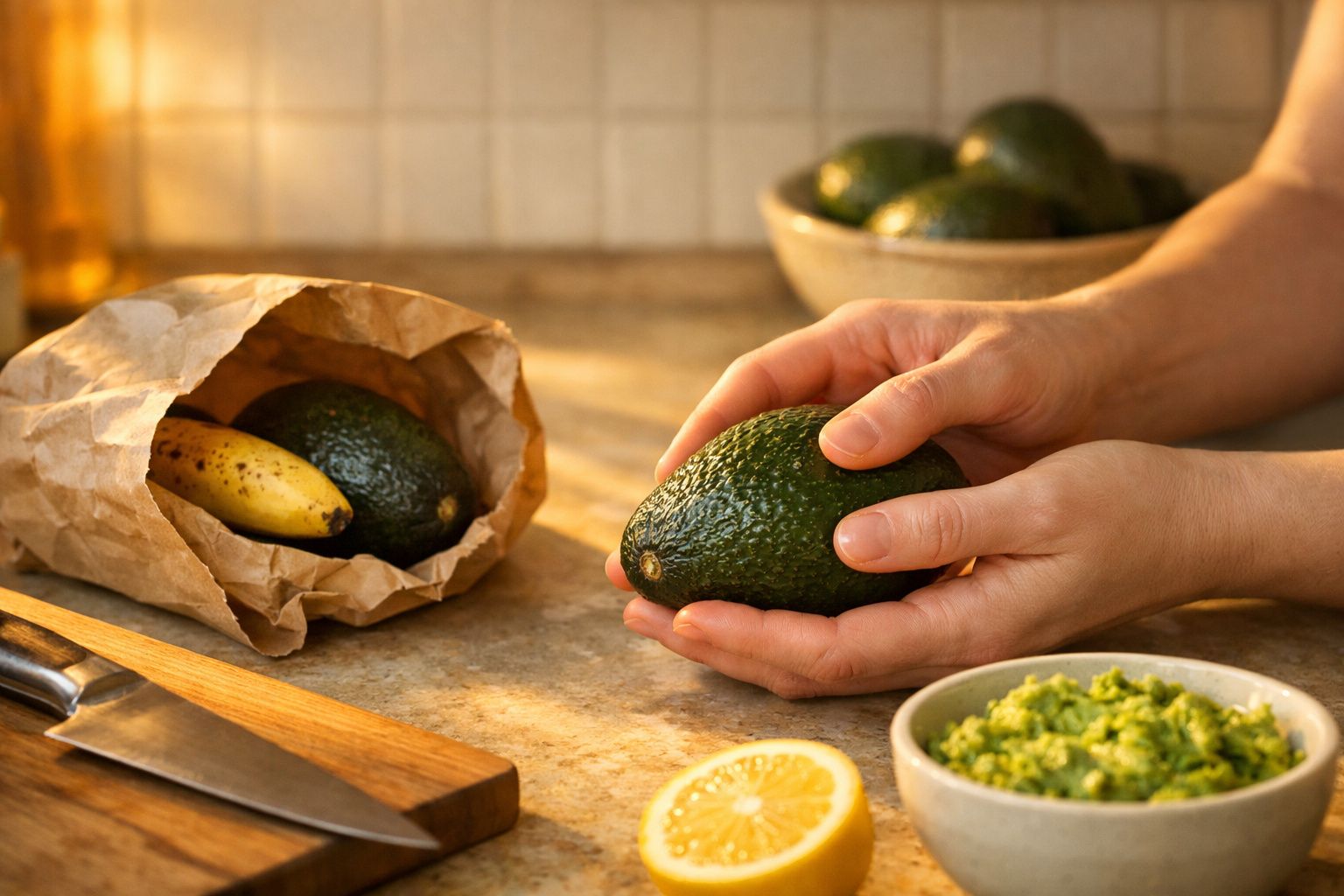 Mãos seguram um abacate fresco numa cozinha com abacates, banana e puré de abacate à volta.