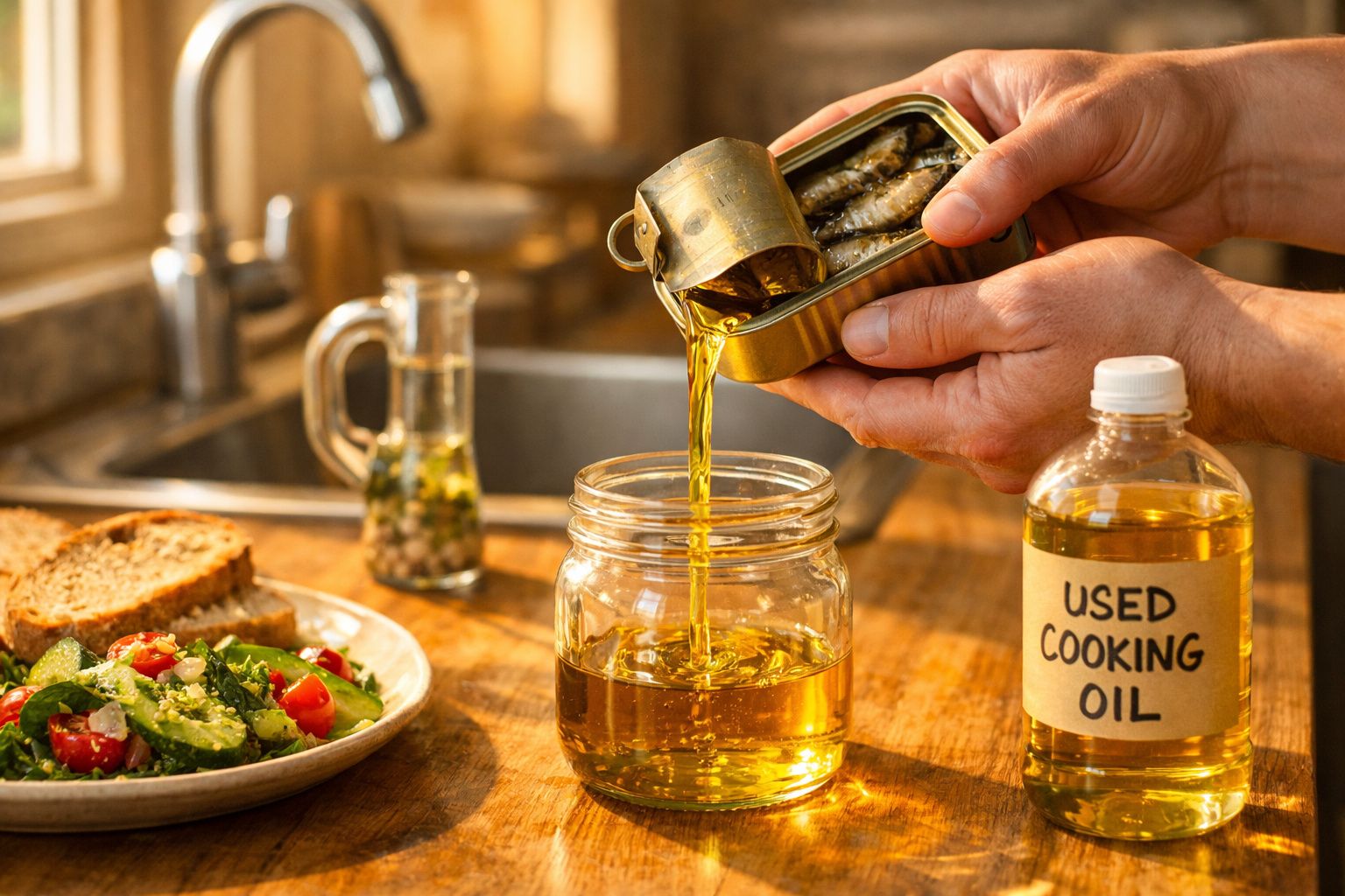 Pessoa a despejar óleo usado de uma lata de sardinhas para um frasco de vidro numa cozinha.