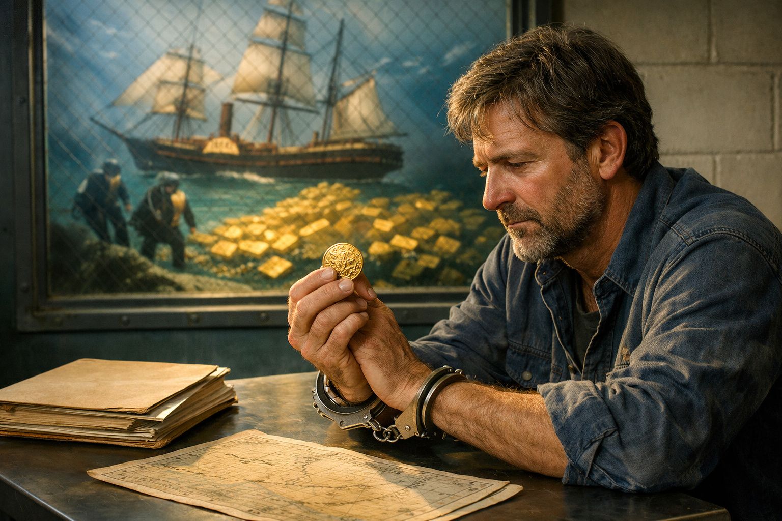 Homem algemado analisa uma moeda dourada, com um quadro de navio e barras de ouro ao fundo.