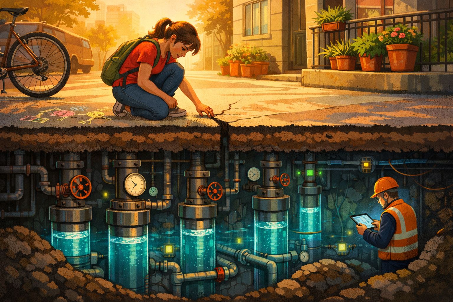 Menina observa fissura no chão enquanto operário verifica sistema de tubagens subterrâneas com água iluminada.