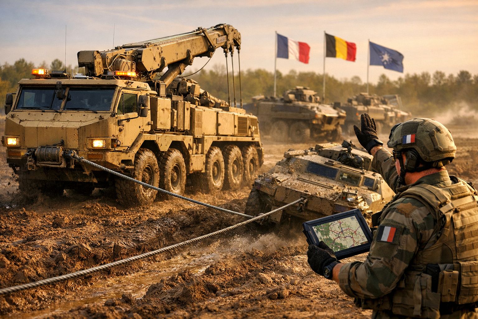 Soldado francês com tablet dirige recuperação de veículo militar atolado em terreno lamacento, com bandeiras ao fundo.
