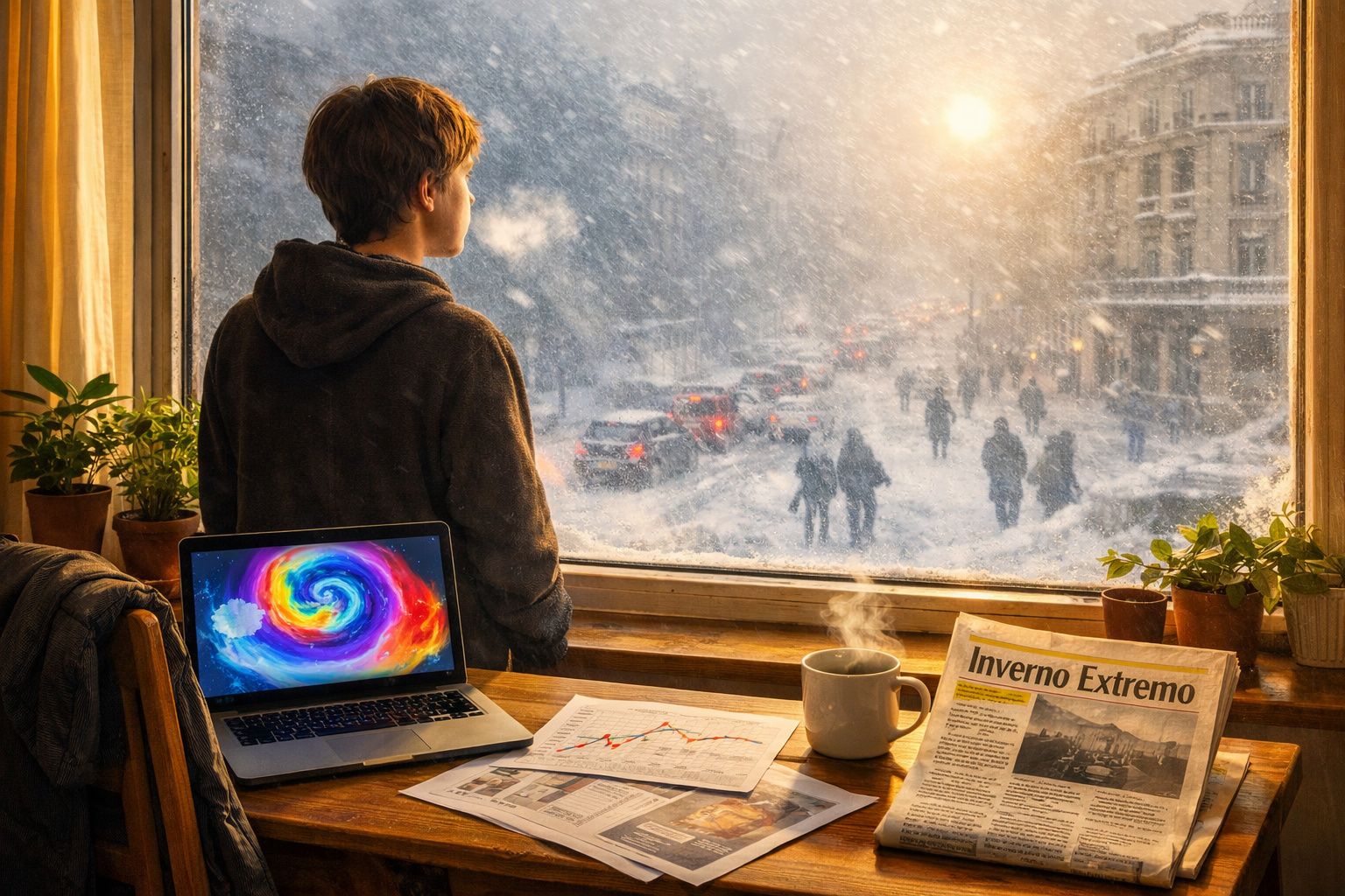 Pessoa a observar a forte nevasca pela janela, com computador, jornal e chá numa mesa interior.