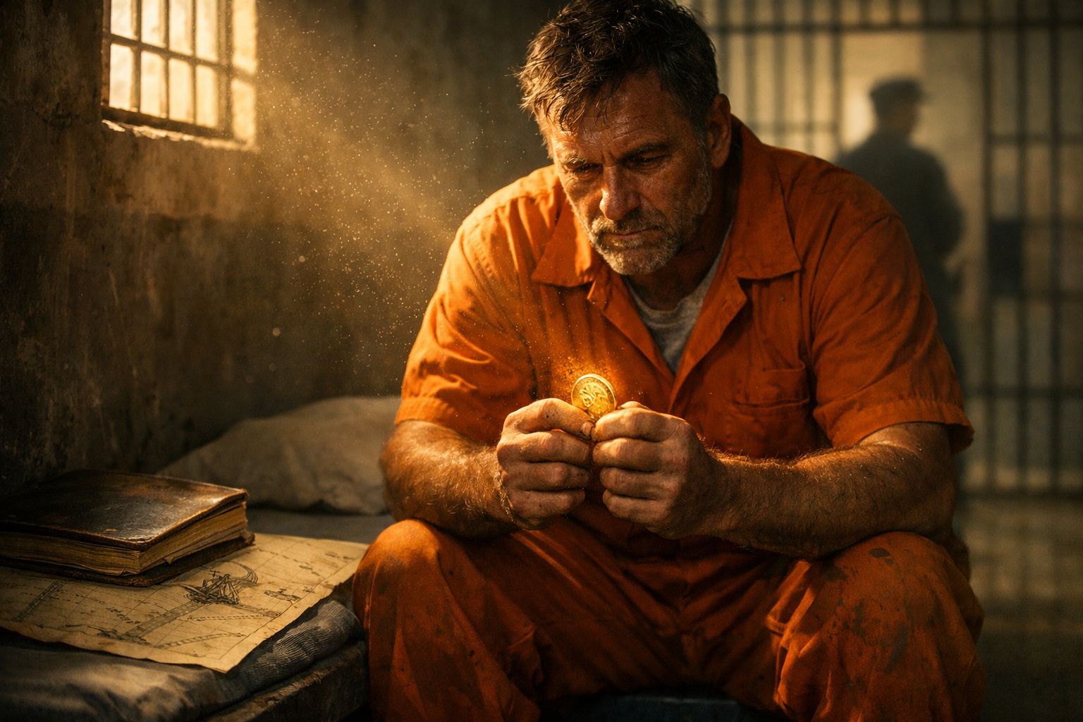 Homem preso em roupa laranja segura e examina uma moeda dourada num ambiente de prisão com luz a entrar pela janela.