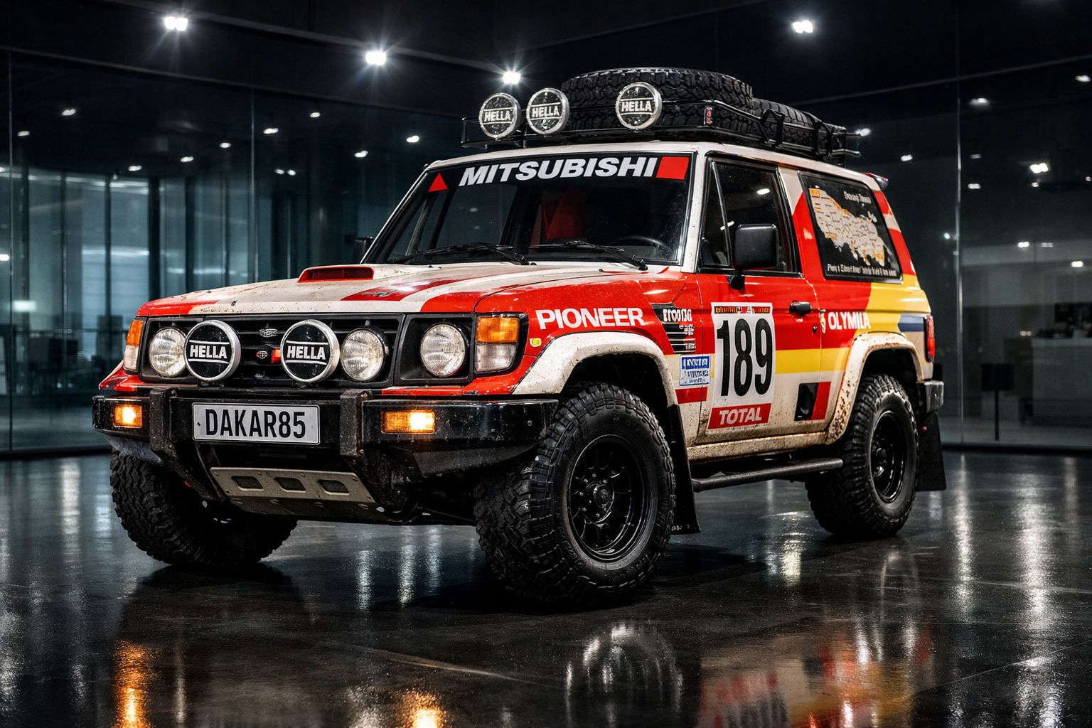 Jipe Mitsubishi com decoração de rali Dakar 1985, luzes extras e pneu no tejadilho, em espaço interior moderno.