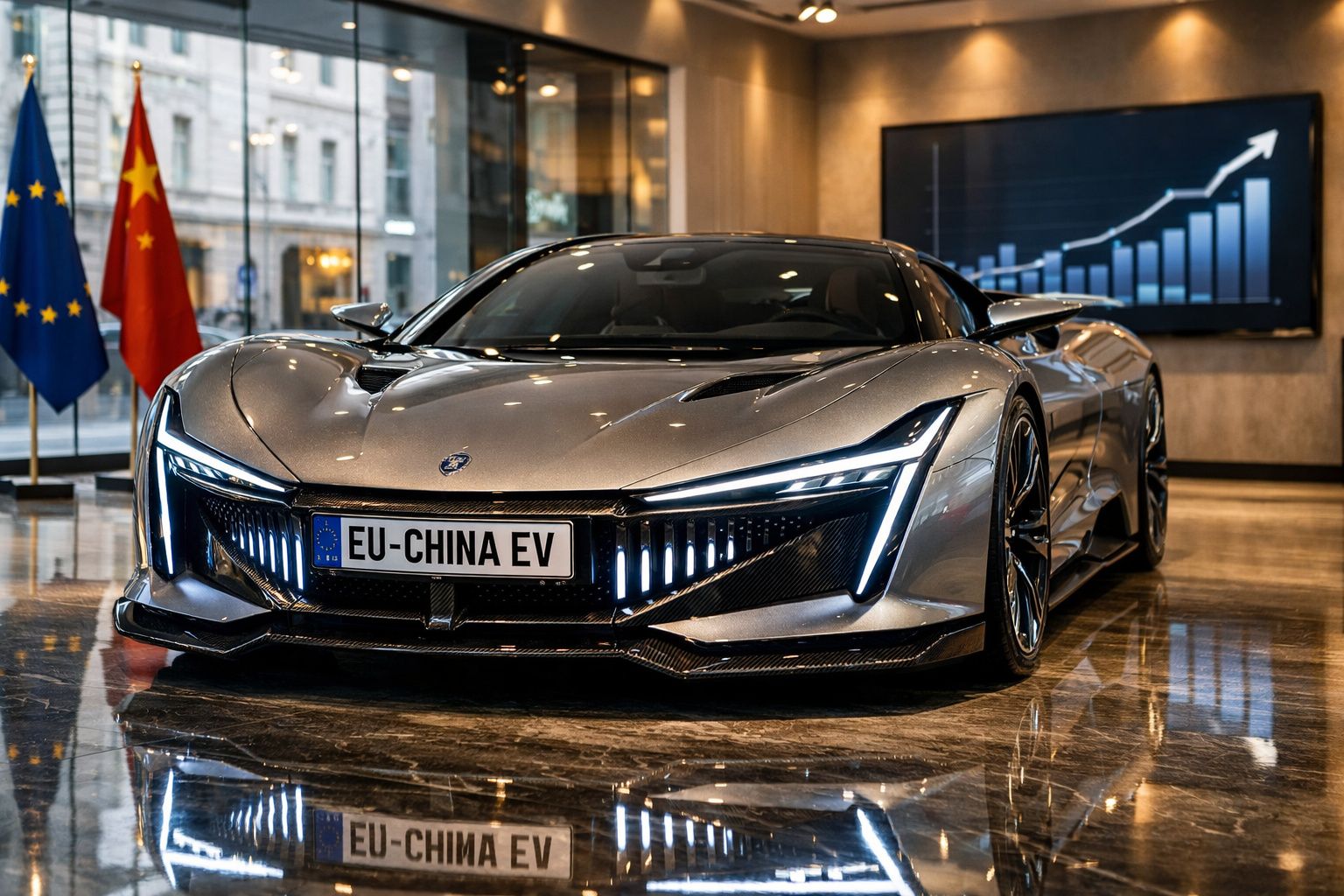 Carro elétrico cinza futurista exposto em sala com bandeiras da UE e China ao fundo.