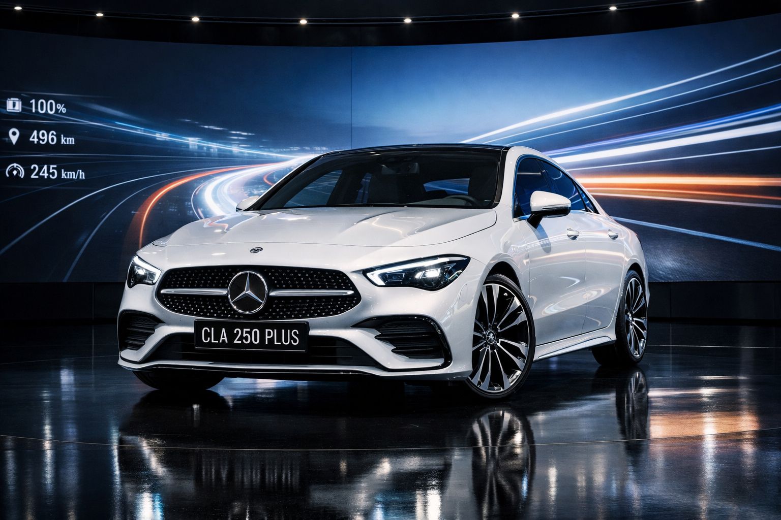 Mercedes-Benz CLA 250 Plus branco em destaque, com fundo dinâmico de luzes e velocidade no écran.