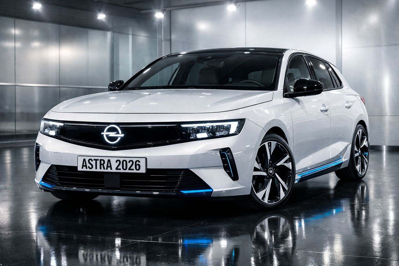 Carro branco Opel Astra 2026 estacionado num espaço interior com piso refletor e luzes azuis no para-choques.