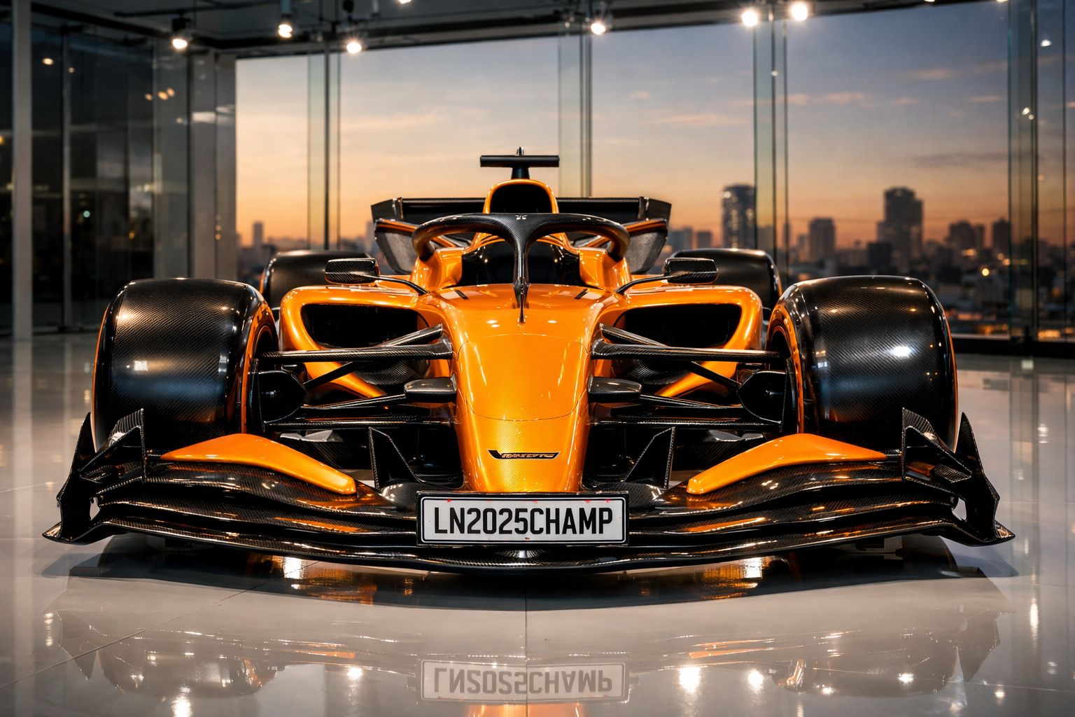 Carro de Fórmula 1 laranja com detalhes em preto exposto num espaço interior moderno ao pôr do sol.