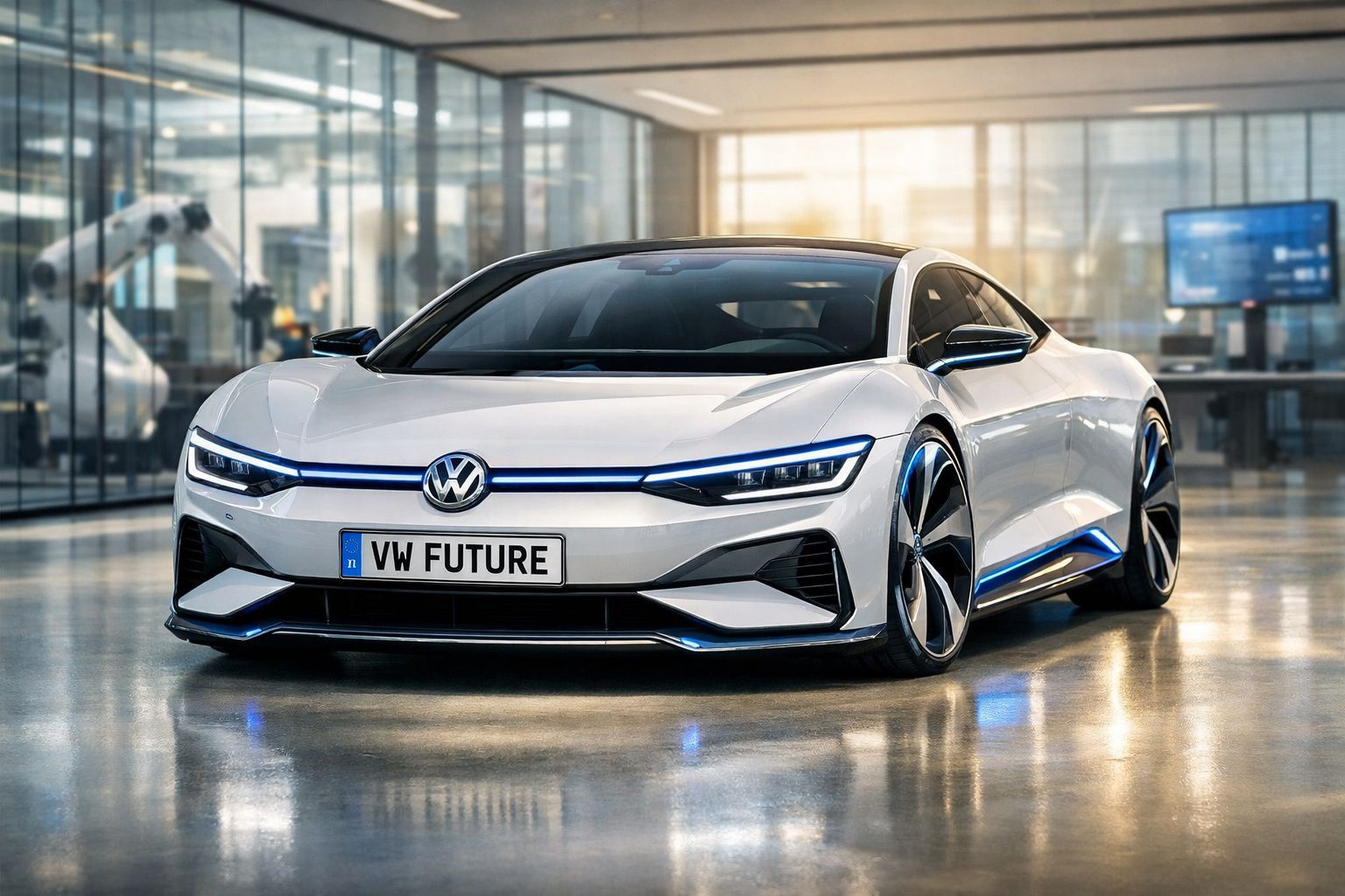 Carro elétrico desportivo branco Volkswagen estacionado num ambiente industrial moderno.