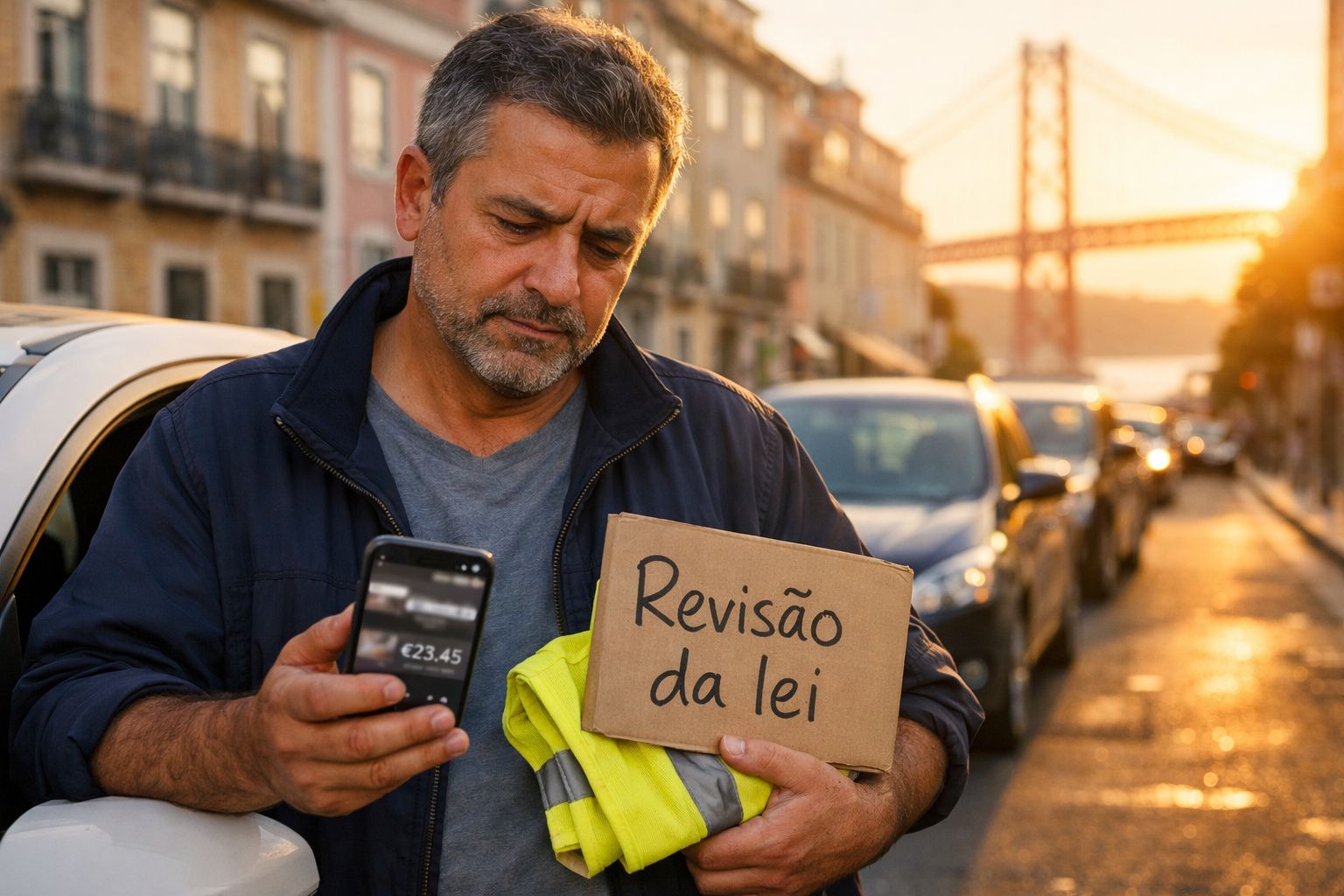 Homem mostra cartaz "Revisão da lei" e telemóvel com valor de dinheiro numa rua com trânsito ao pôr do sol.