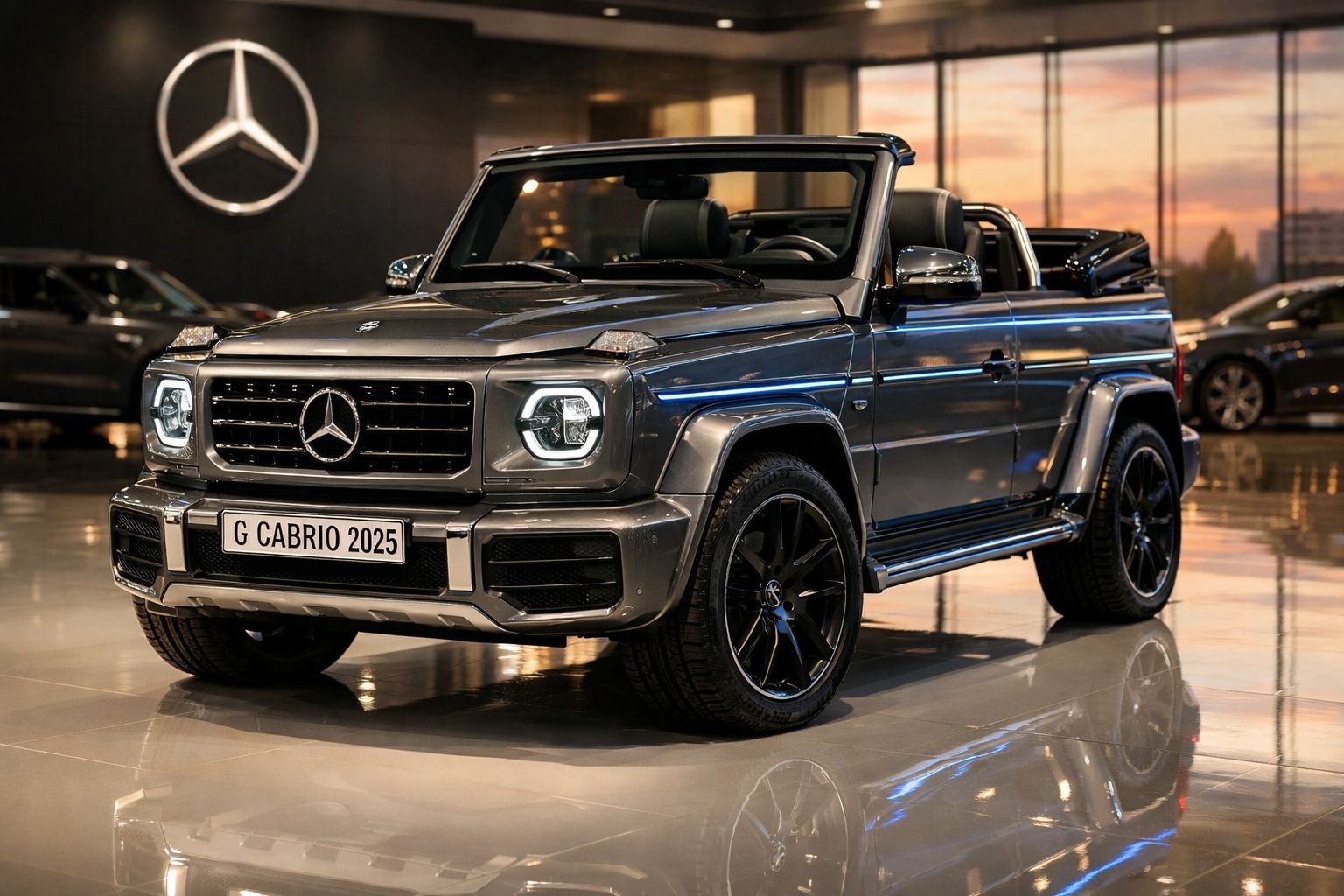 Carro descapotável Mercedes-Benz G Cabrio 2025 cinzento com faróis acesos em showroom moderno.