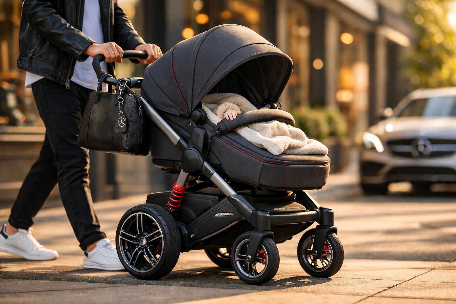 Homem a empurrar carrinho de bebé preto com mochila pendurada numa rua urbana ao final da tarde.