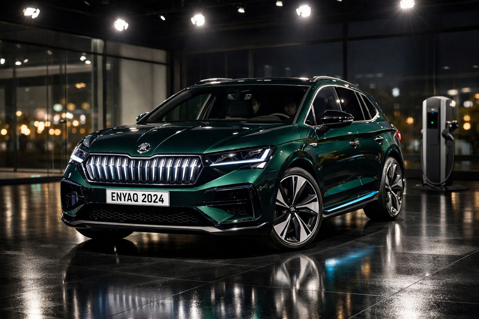 Automóvel elétrico Škoda Enyaq 2024 verde escuro estacionado num espaço interior com carregador elétrico ao fundo.