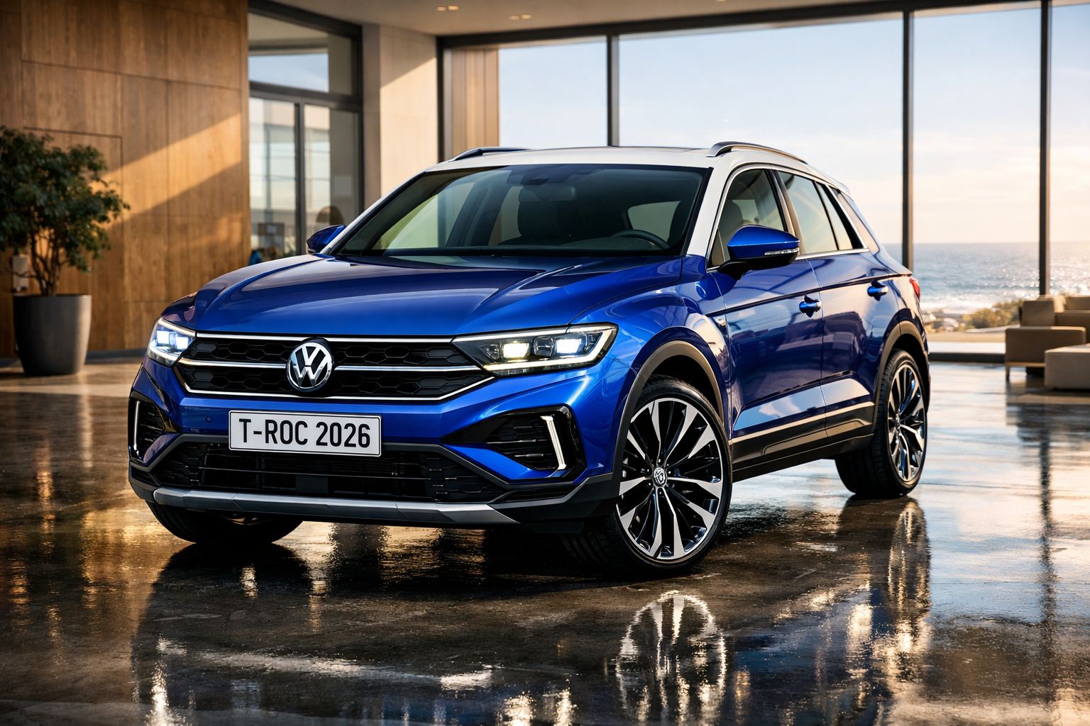 Carro Volkswagen T-Roc azul 2026 estacionado num piso refletor junto a janelas grandes com vista para o mar.