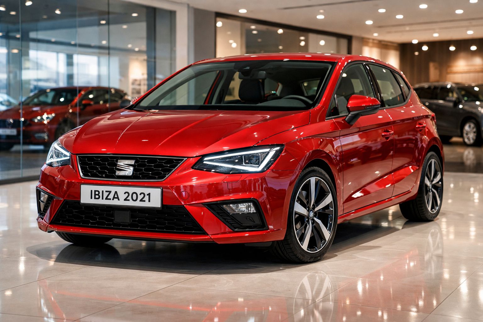 Automóvel Seat Ibiza 2021 vermelho exibido numa sala de exposição moderna.