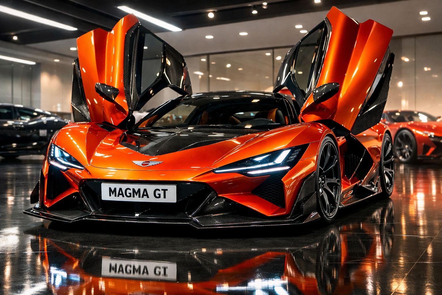 Carro desportivo laranja brilhante com portas abertas em forma de asa de gaivota num showroom moderno.