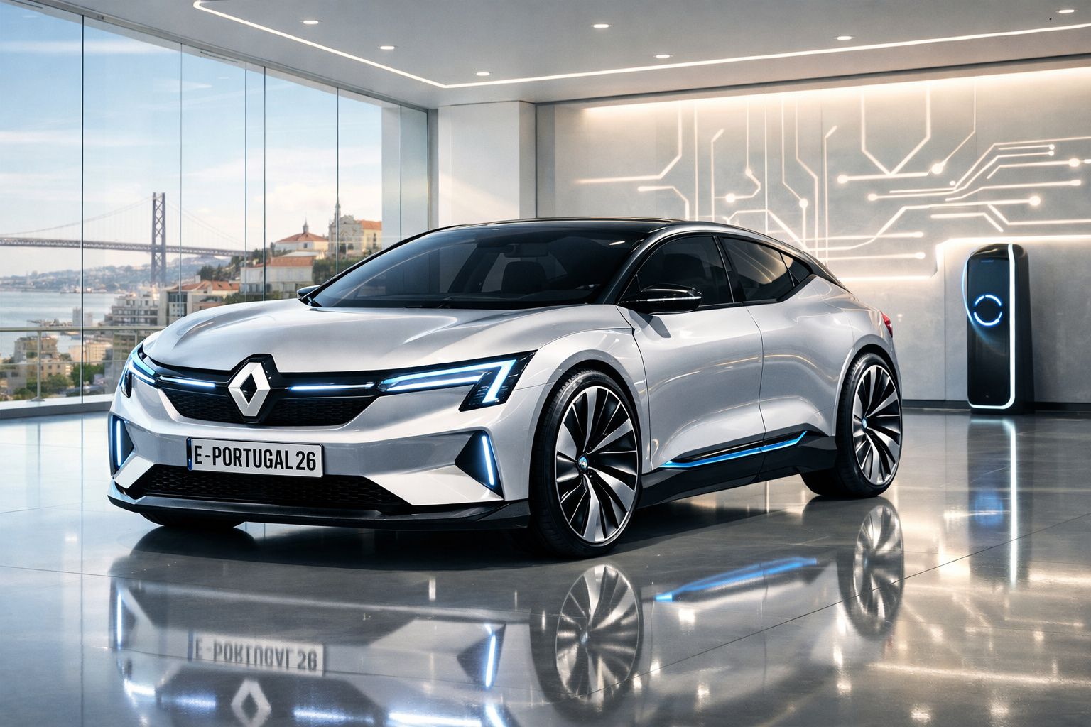 Carro elétrico cinzento da Renault num espaço moderno com janela para ponte sobre rio.