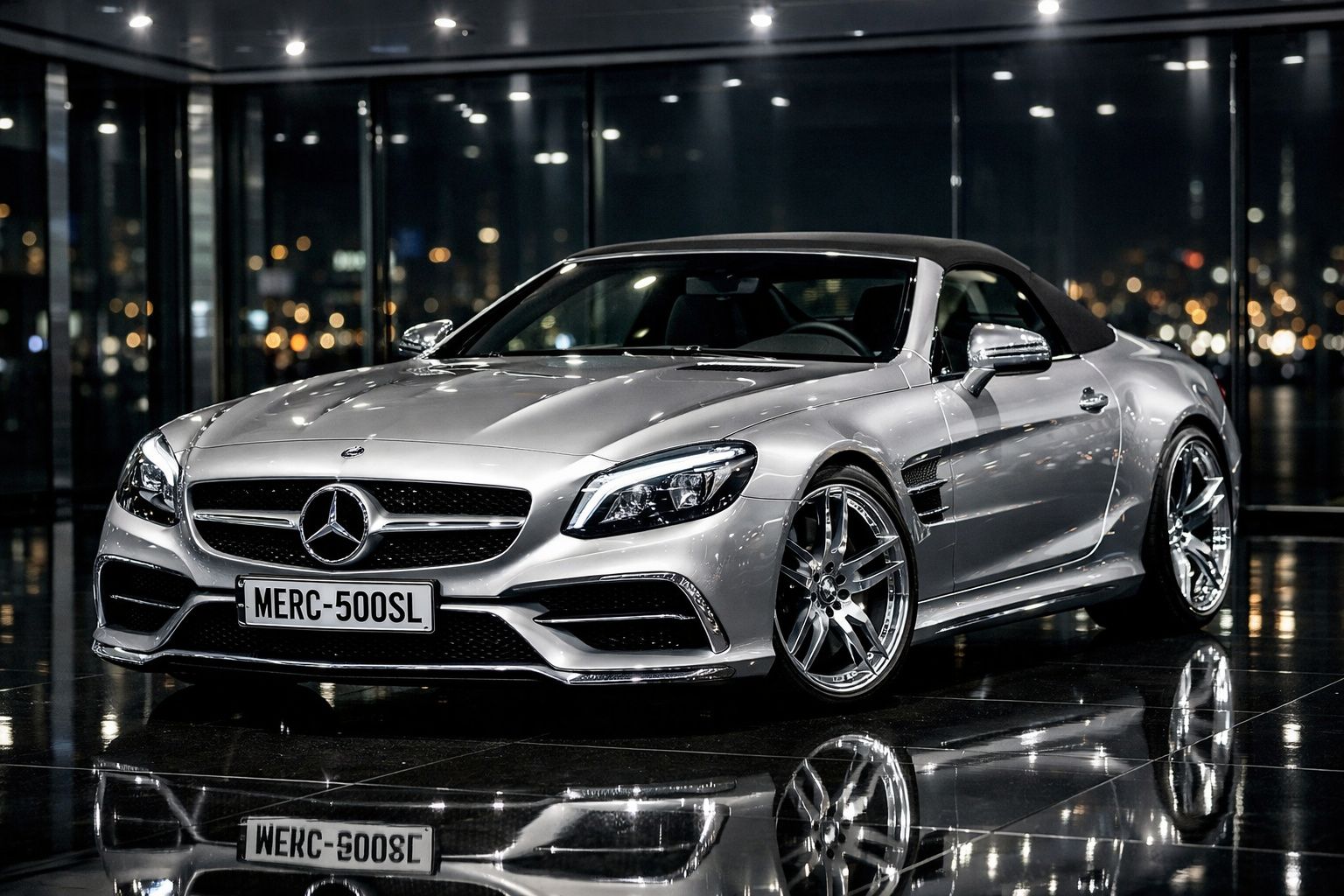 Mercedes-Benz prata desportivo conversível estacionado num piso brilhante com reflexos urbanos à noite.