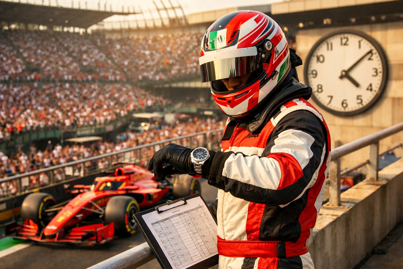 Piloto de corrida com fato e capacete verifica cronómetro junto a carro vermelho em pista com público.