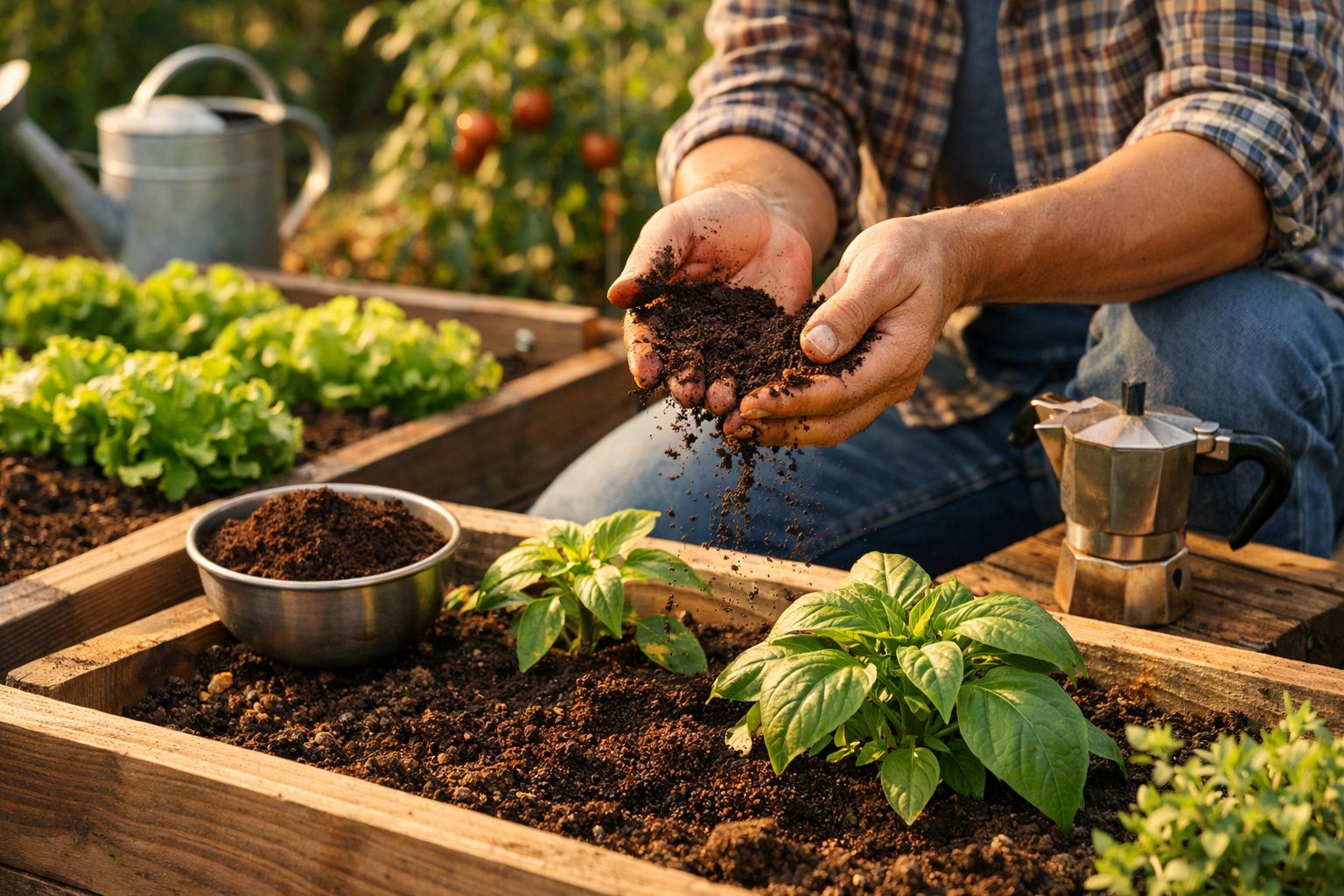 Pessoa a cultivar plantas com terra fértil em jardim elevado ao ar livre.
