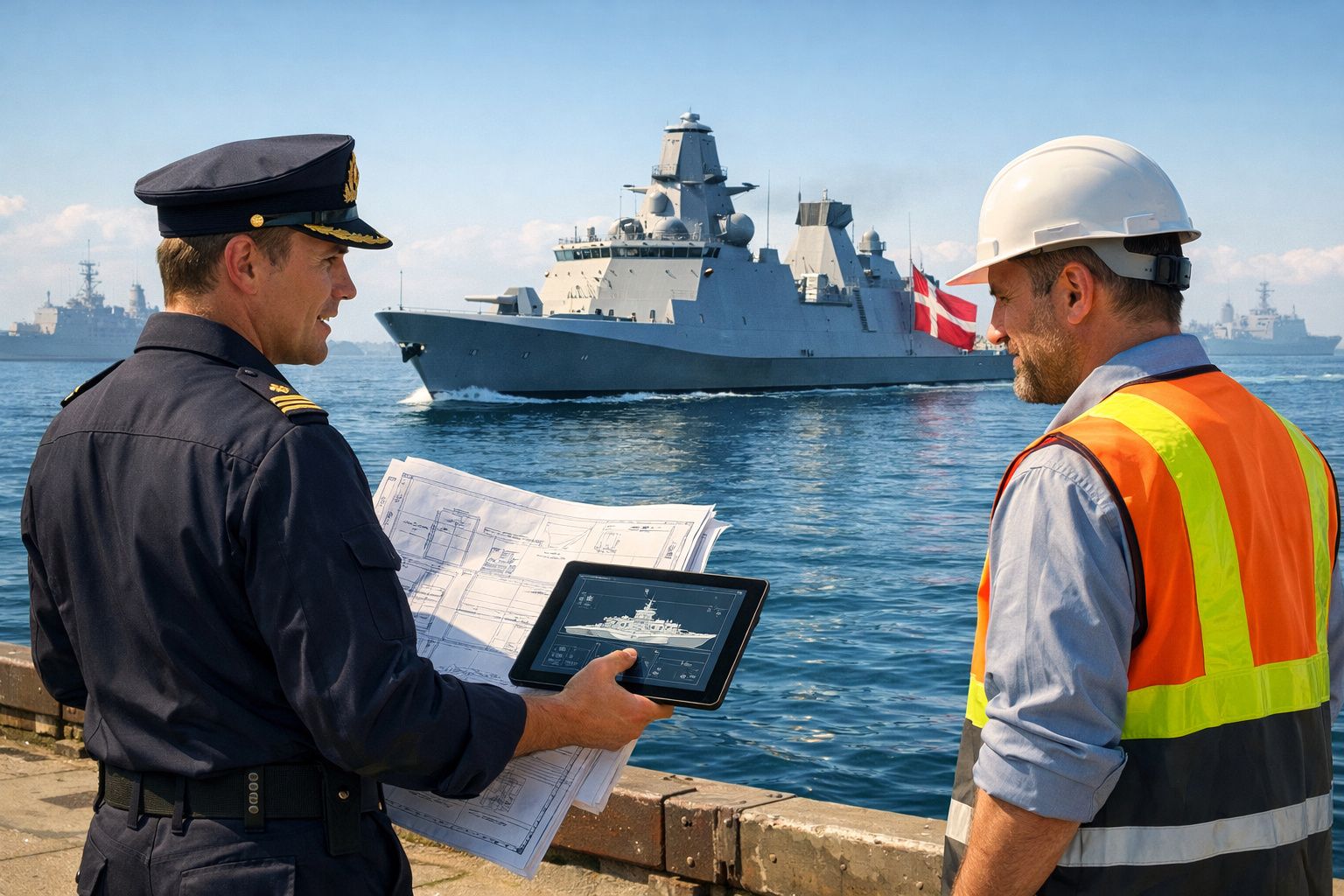 Dois homens, um oficial naval e um engenheiro, juntos no cais, observam um navio de guerra no mar.