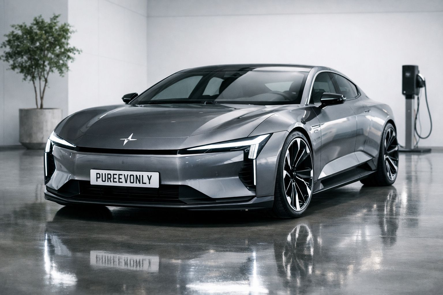 Carro elétrico cinzento com design futurista estacionado num espaço interior minimalista.