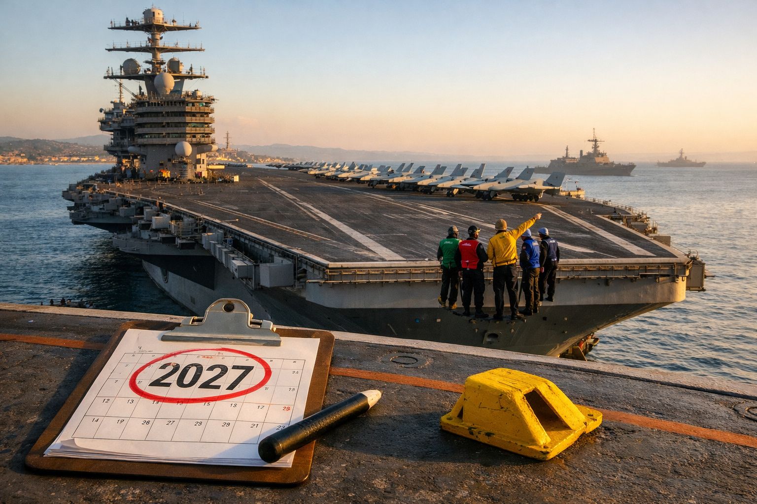Porte-aviões no mar ao pôr do sol com cinco pessoas na proa e calendário de 2027 em primeiro plano.