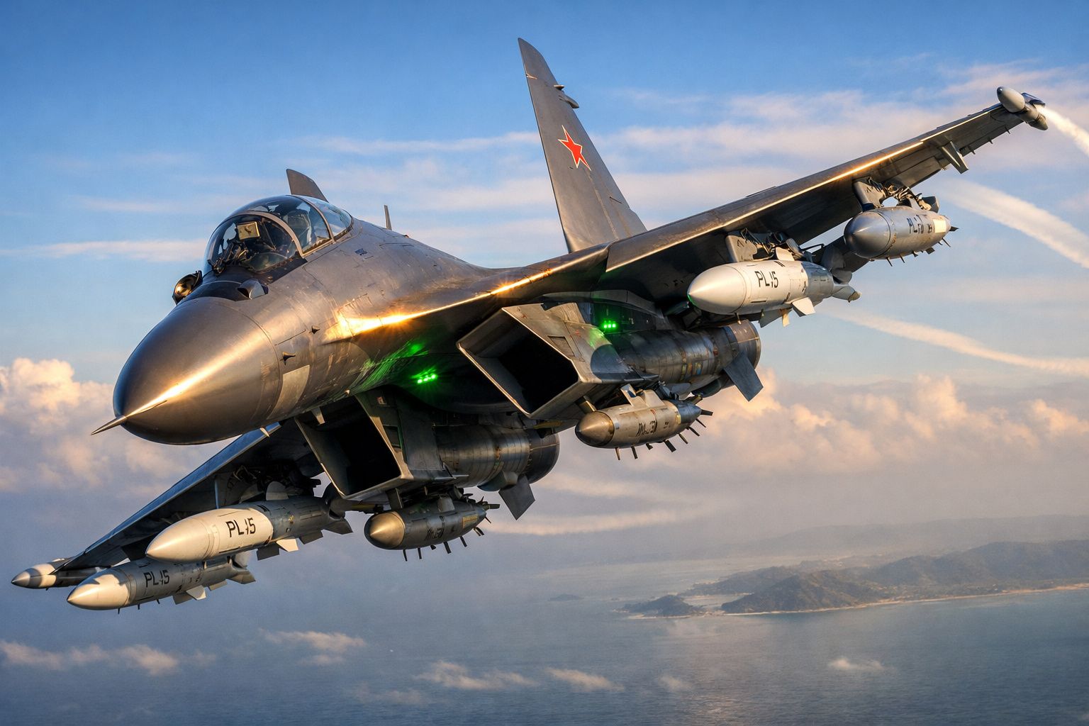 Caça militar russo em voo baixo sobre o mar ao pôr do sol, com armas visíveis sob as asas.