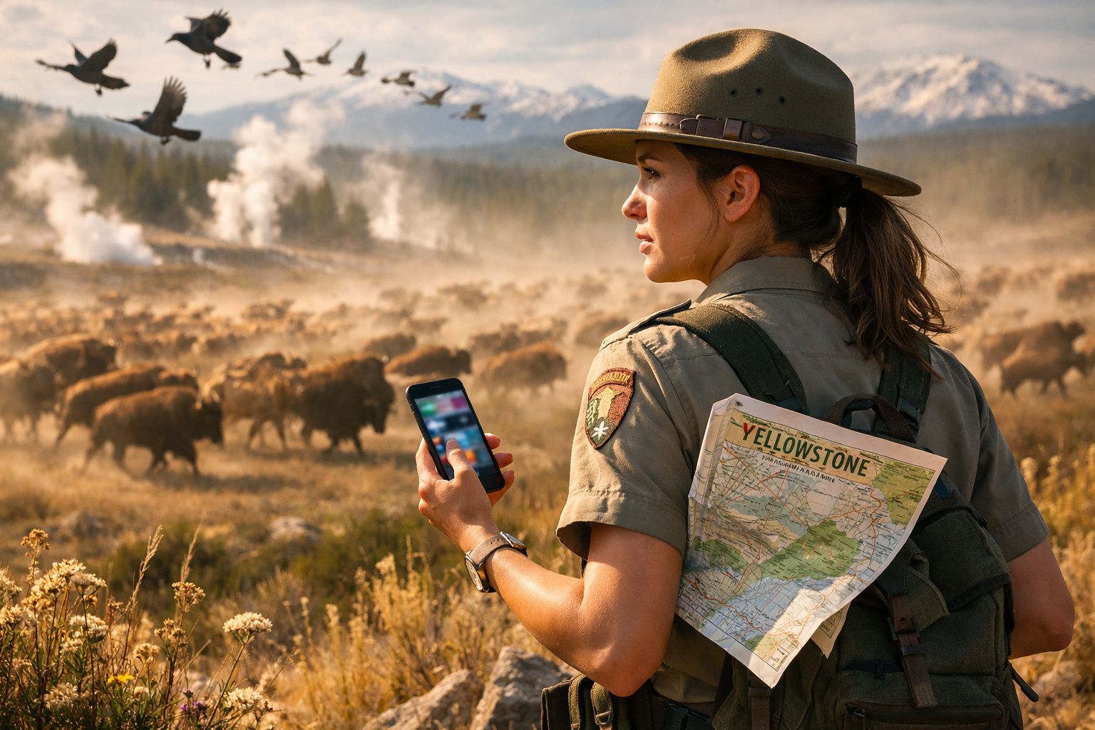Guarda-florestal com chapéu, mapa do Yellowstone e telemóvel, em paisagem com manada de bisontes e montanhas ao fundo.