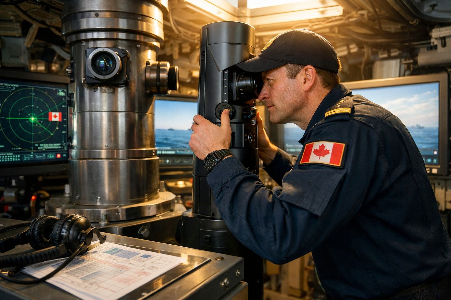 Militar canadiano em uniforme observa através de equipamento ótico numa sala de controlo naval.