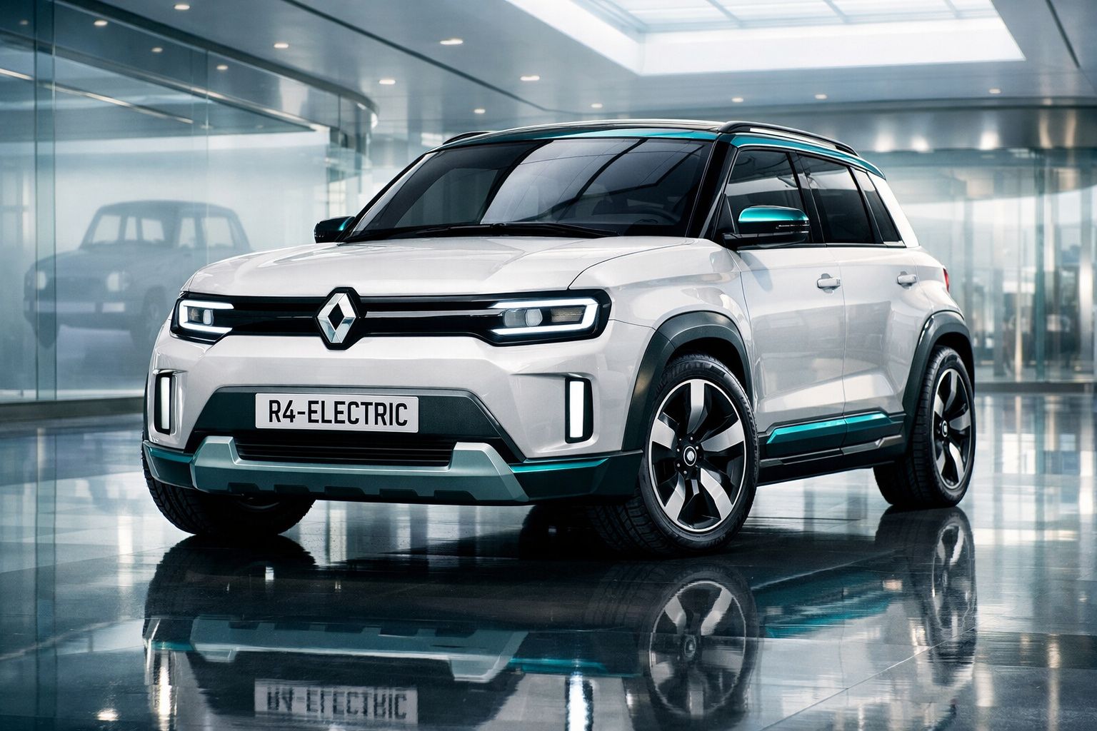 Renault R4 Electric branco estacionado em espaço interior moderno com luz natural refletida no chão.