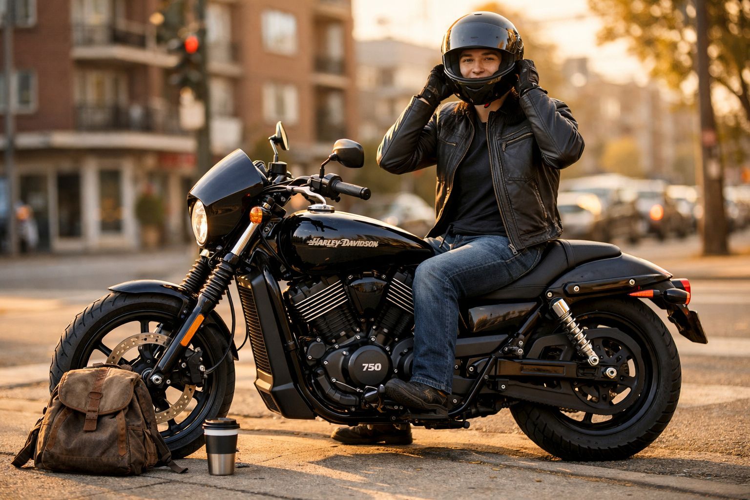 Homem com capacete e casaco de couro sentado numa moto Harley Davidson preta numa rua ao entardecer.