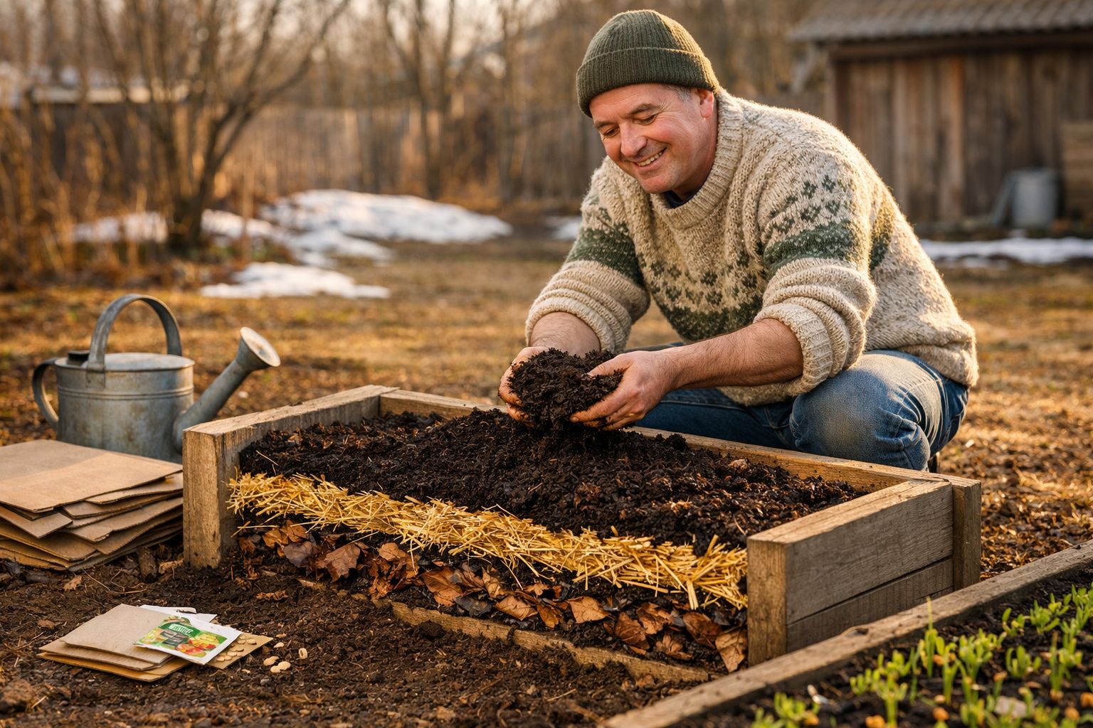 Homem sorridente a preparar canteiro de madeira com terra para plantação no jardim.