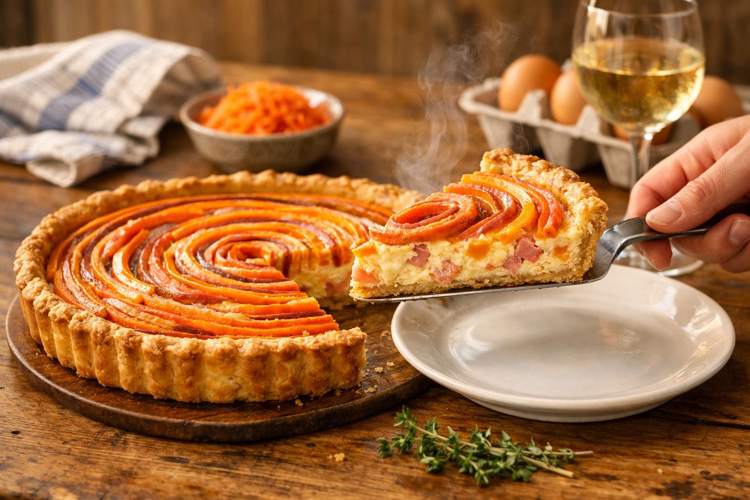 Tarte salgada com fatia a ser servida, coberta com tiras de cenoura e recheio cremoso com fiambre.