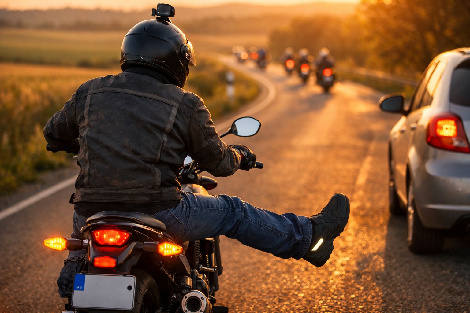 Motociclista com capacete e botins, numa estrada ao pôr do sol, ao lado de um carro e outros motociclistas.