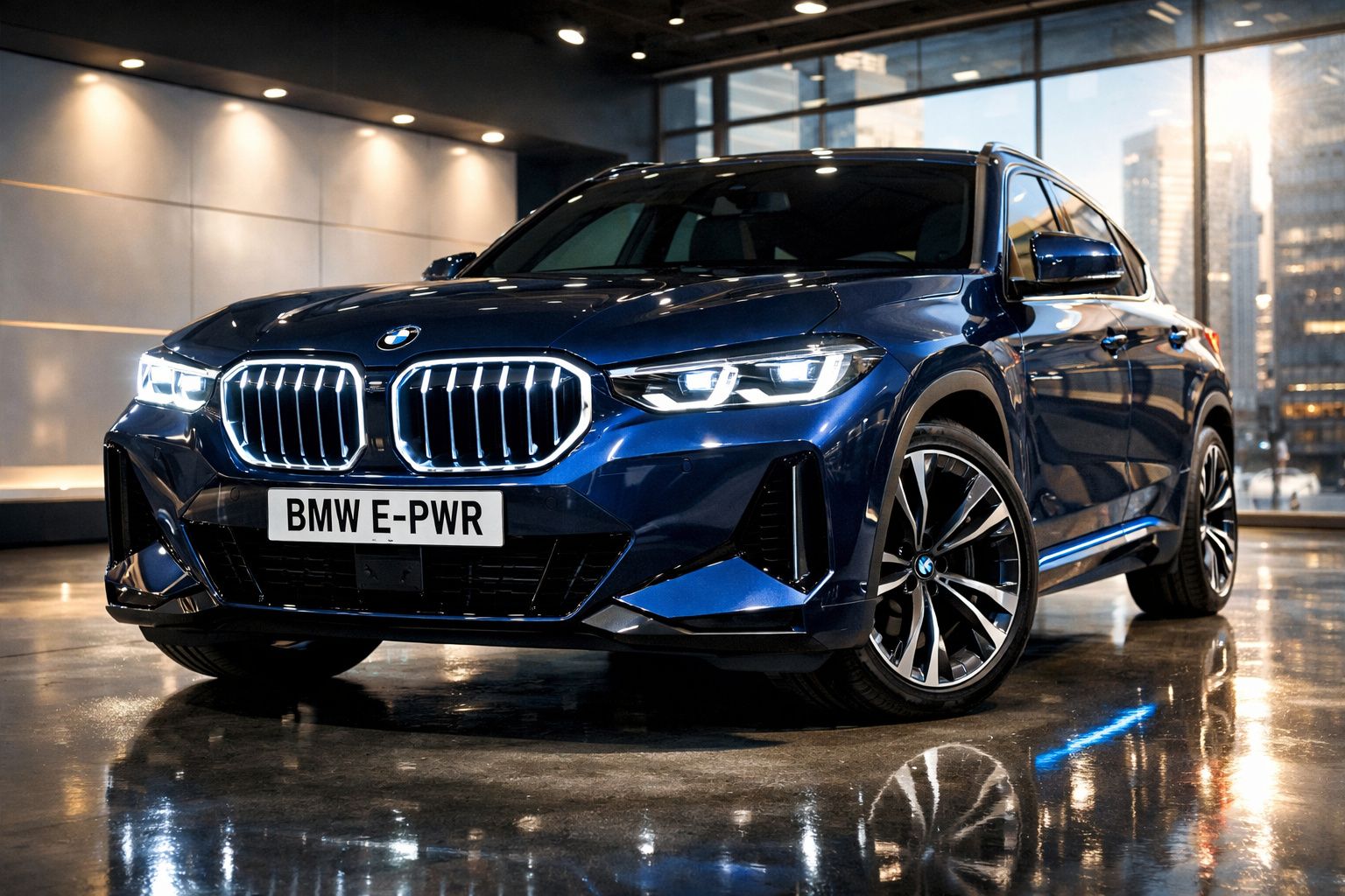 Carro BMW azul elétrico estacionado em ambiente moderno com luzes refletidas no chão molhado.