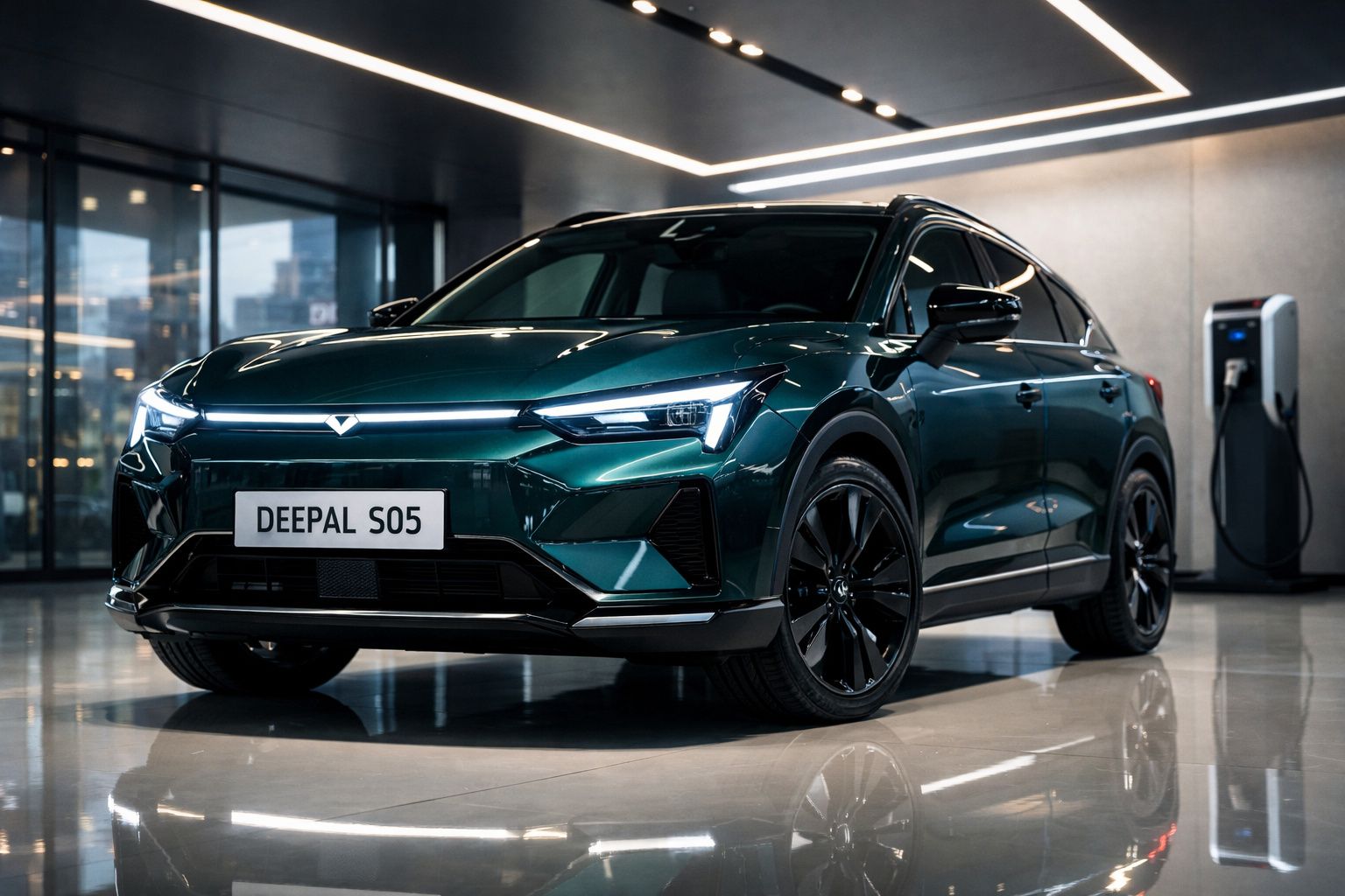 Veículo elétrico verde escuro Deepal S05 estacionado em garagem moderna com tomada de carregamento.