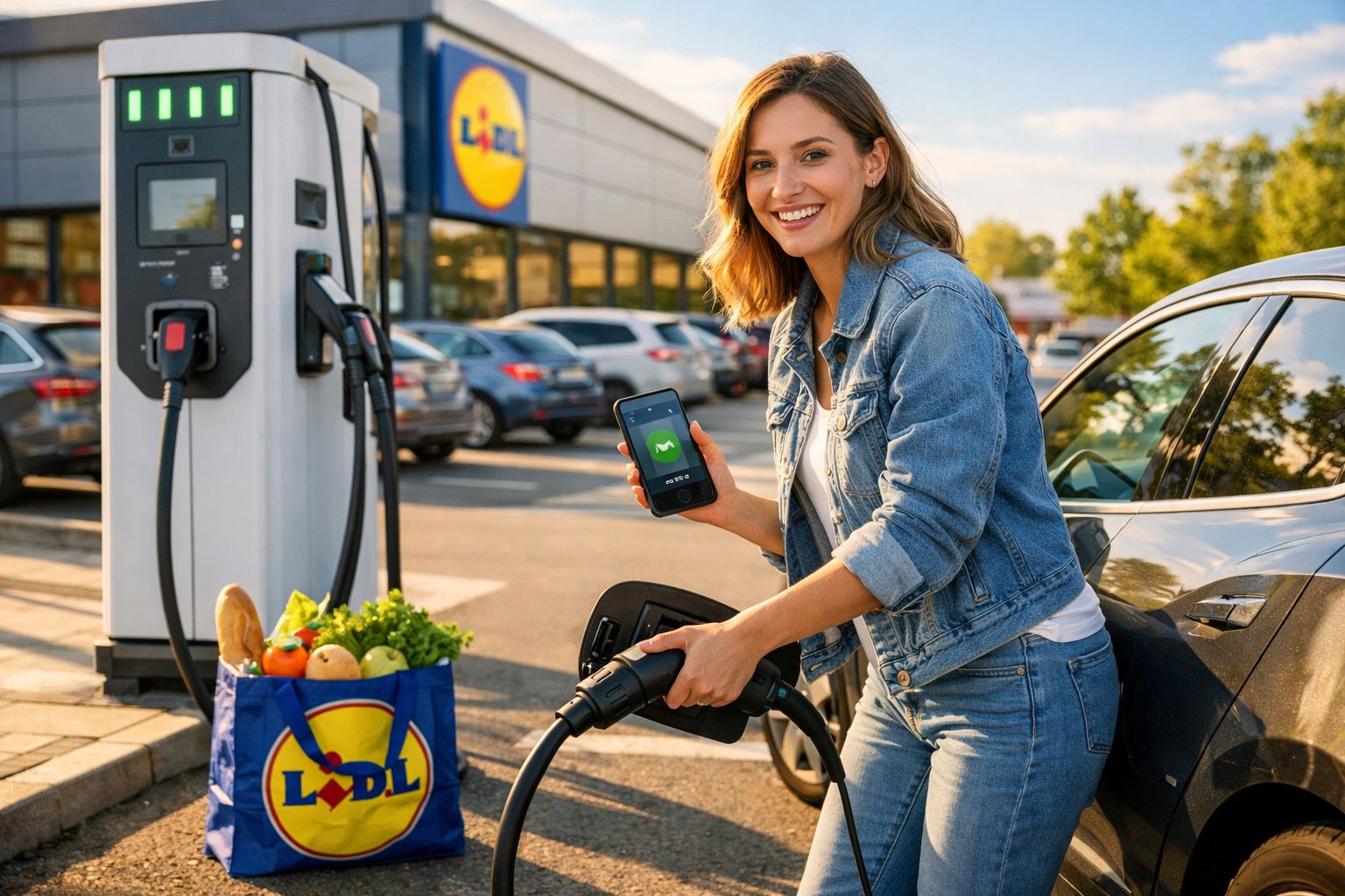 Mulher sorridente a carregar carro elétrico num posto Lidl, com saco de compras cheio de legumes e fruta ao lado.