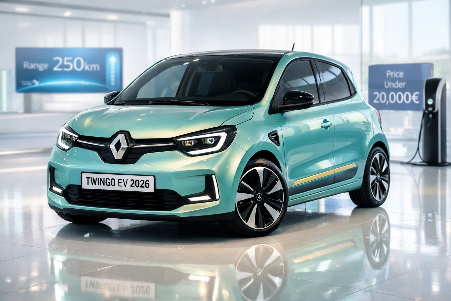 Renault Twingo EV 2026 verde claro, carro elétrico compacto em showroom moderno com informações de autonomia e preço.