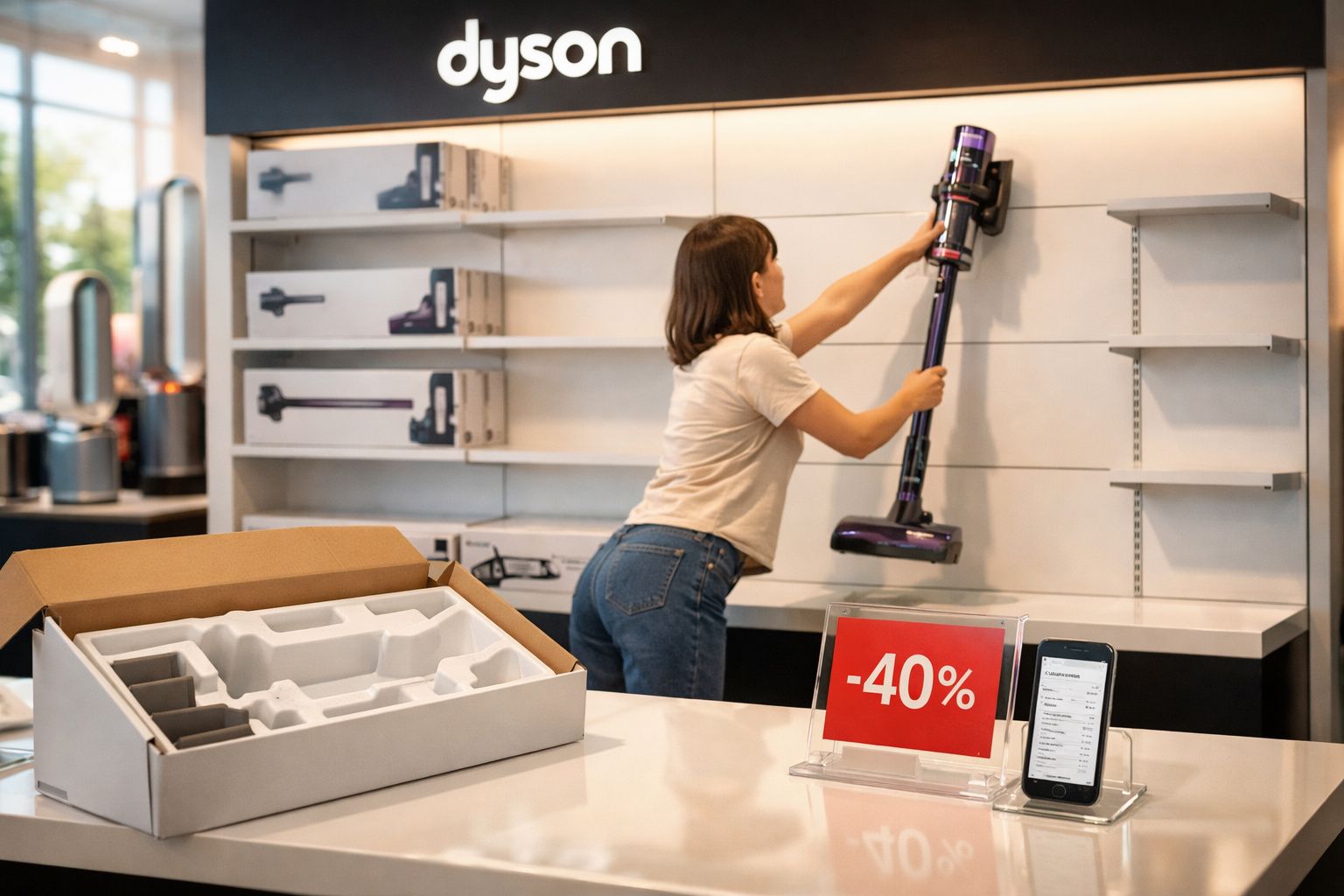 Mulher a arrumar aspirador sem fios na prateleira de loja com sinal de desconto de 40% à frente.