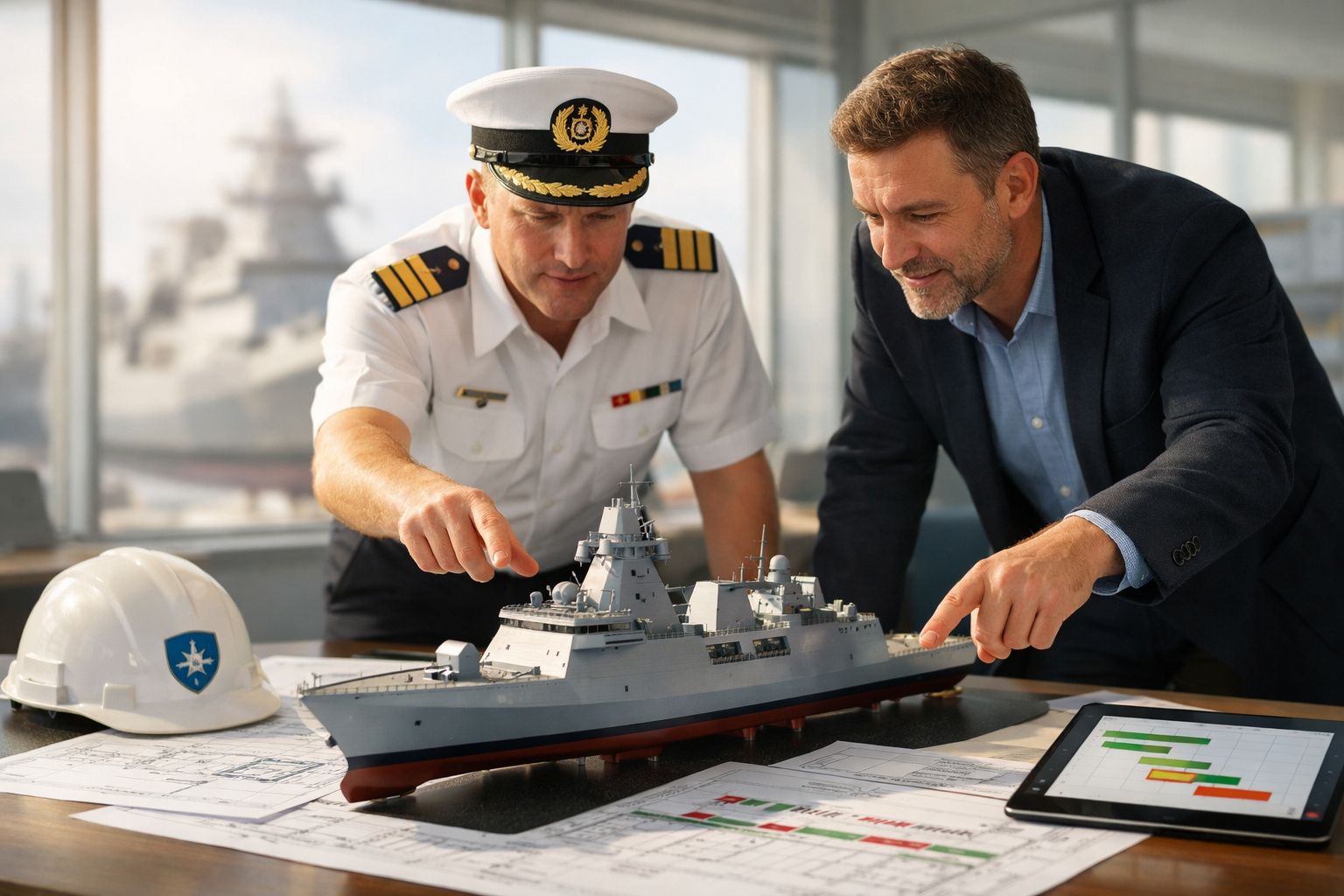 Militar naval e engenheiro discutem maquete de navio de guerra em escritório com documentos e capacete.
