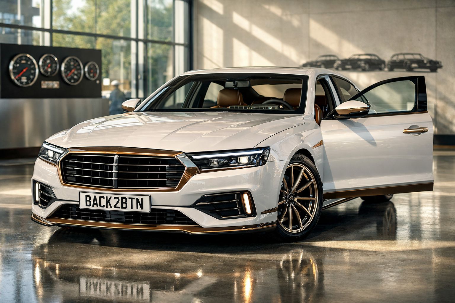 Carro desportivo branco com portas abertas e interior castanho, em exposição num showroom moderno.