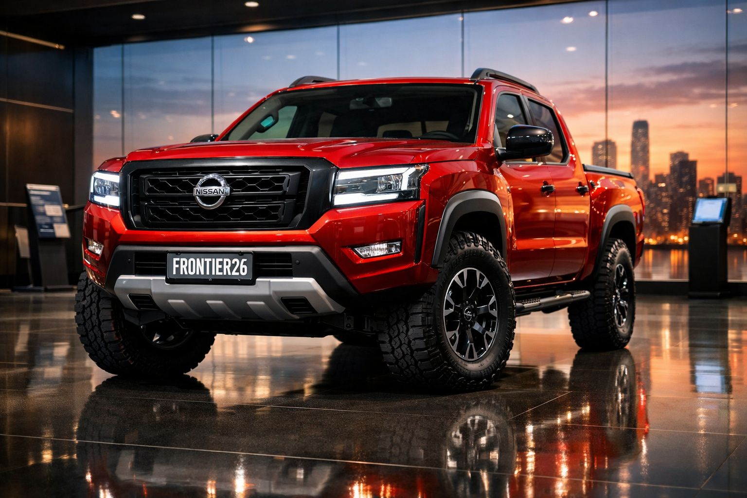 Picape vermelha Nissan Frontier 2026 estacionada em interior moderno com skyline ao pôr do sol.
