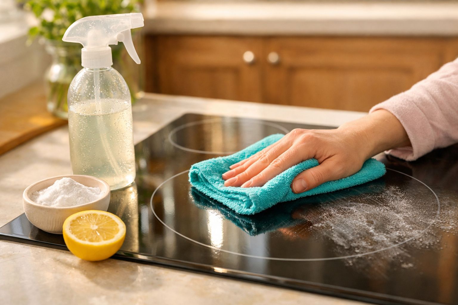 Mão a limpar placa elétrica de fogão com pano azul, limão, bicarbonato e spray de limpeza.