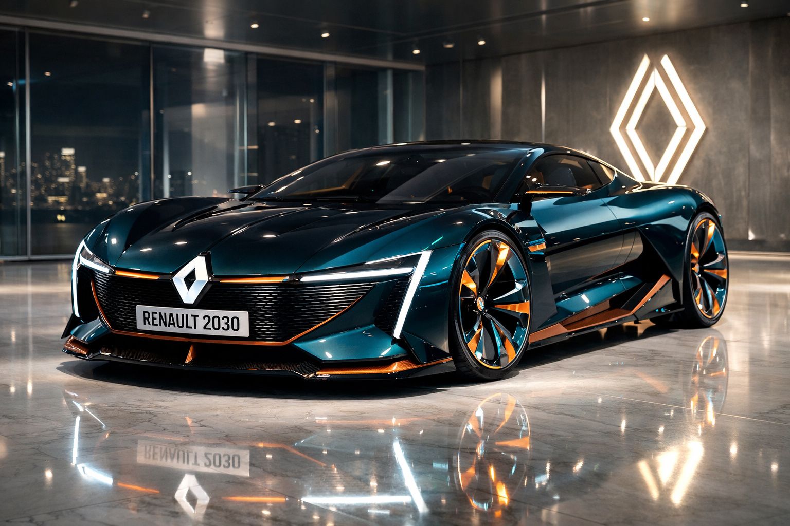 Carro desportivo elétrico futurista Renault 2030 em destaque numa garagem moderna e iluminada.