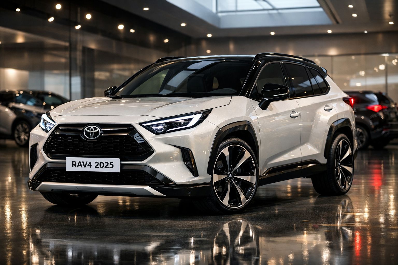 Automóvel Toyota RAV4 2025 branco estacionado em interior brilhante com chassis robusto e jantes grandes.